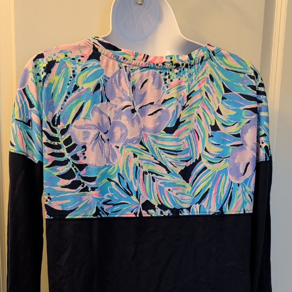 Lilly Pulitzer Navy Long Sleeve Dress with Pastel Floral Yoke - Picture 3 of 5